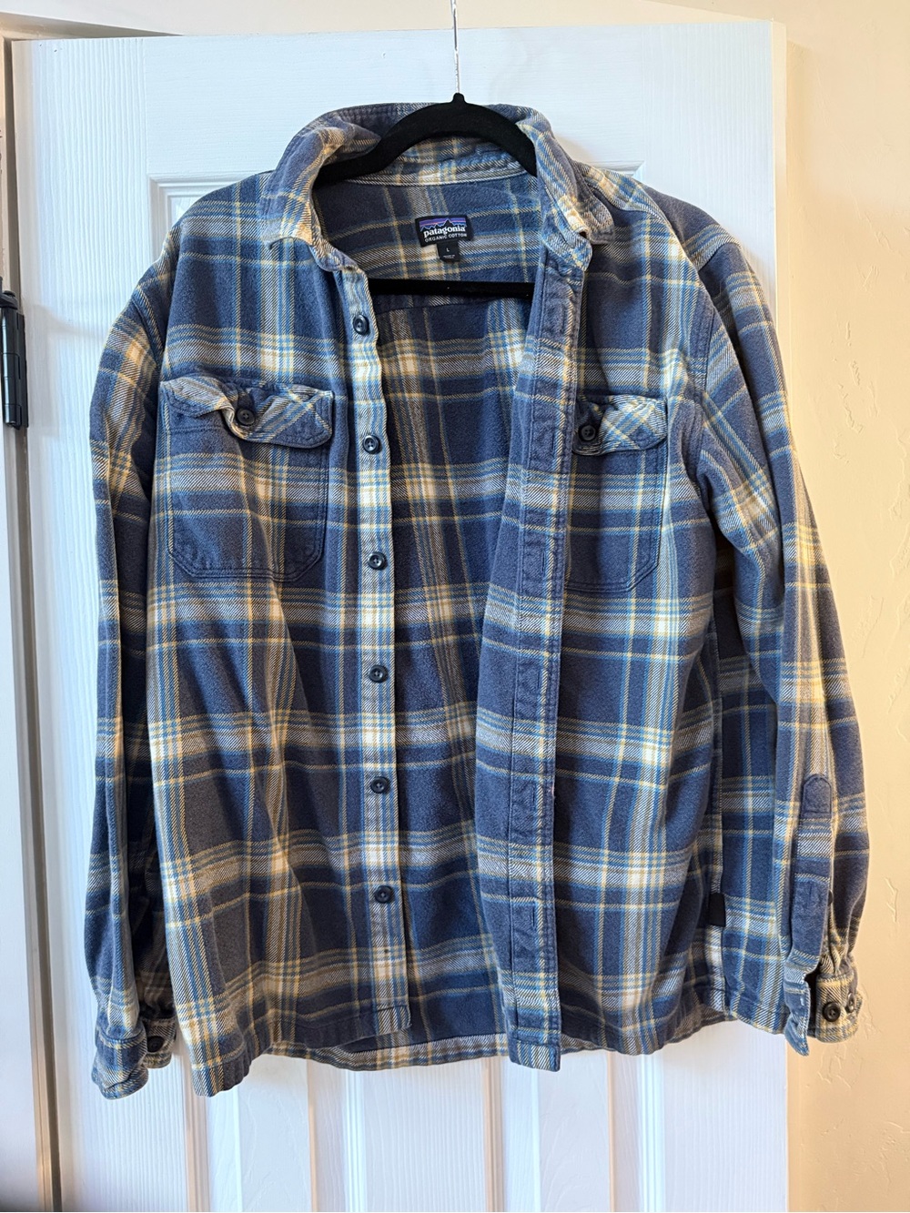 Patagonia Blue and Cream Plaid Flannel Shirt